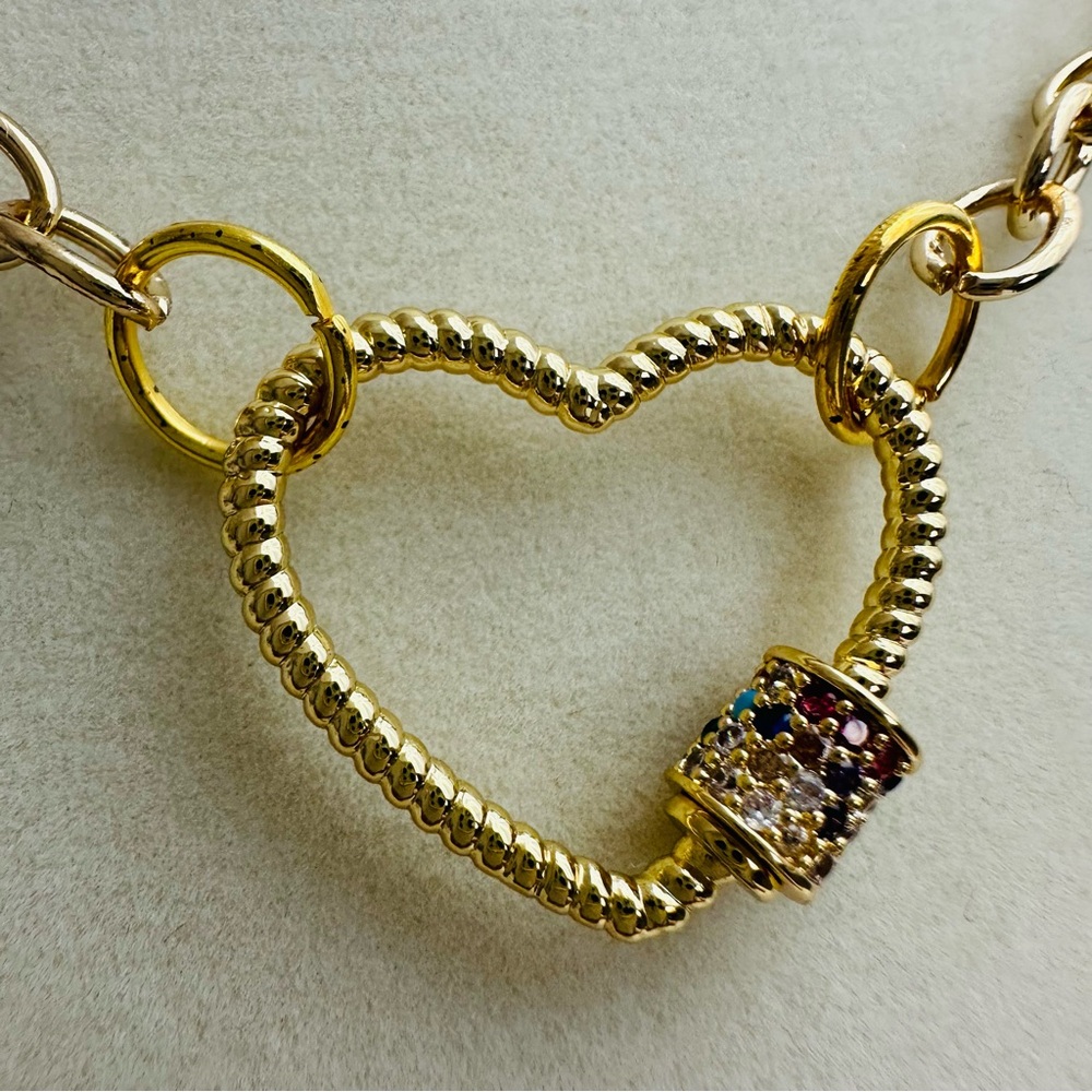 Handmade Gold-Tone Chain Choker with Pavé Heart Carabiner Clasp - Picture 4 of 13